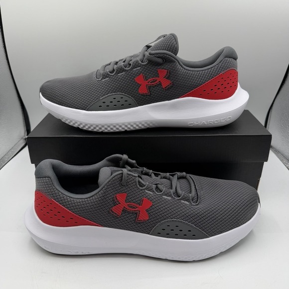 Under Armour UA Charged Surge 4 Shoe Men 12 Grey/Red Running Sneaker 3027000-107